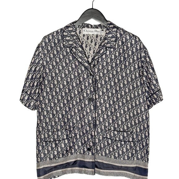 Dior Tops - Dior Chez Moi Oblique Navy Blue Silk Twill Short Sleeves Blouse
